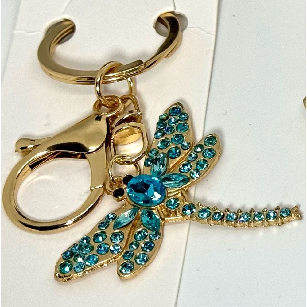 BAG CHARM Blue Crystal Dragonfly Keychain Charm -  Gold Accent